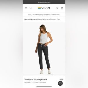 NWT Vuori Women’s Ripstop Pant - Charcoal, Size L